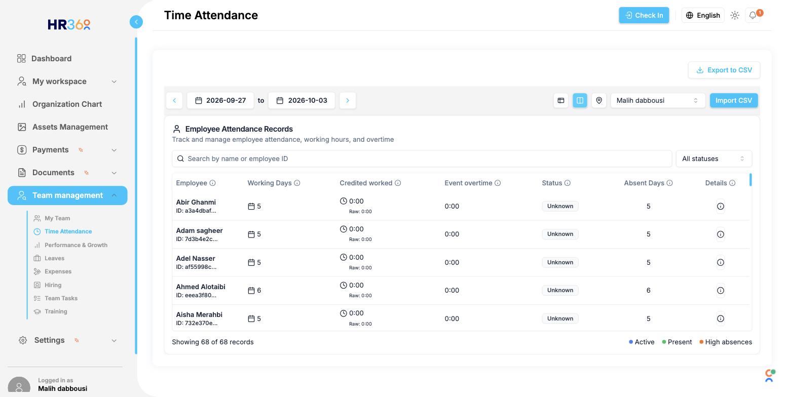 Employee attendance records table in HR360, showing check-in status for the whole team