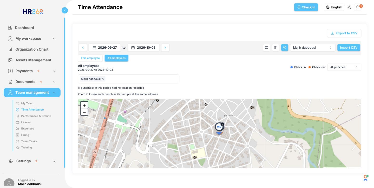 Geofenced location map view in HR360 for mobile check-in