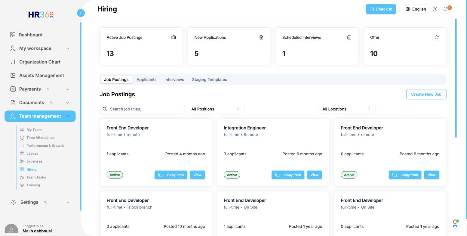 Job postings dashboard in HR360 showing active postings, applications and interviews