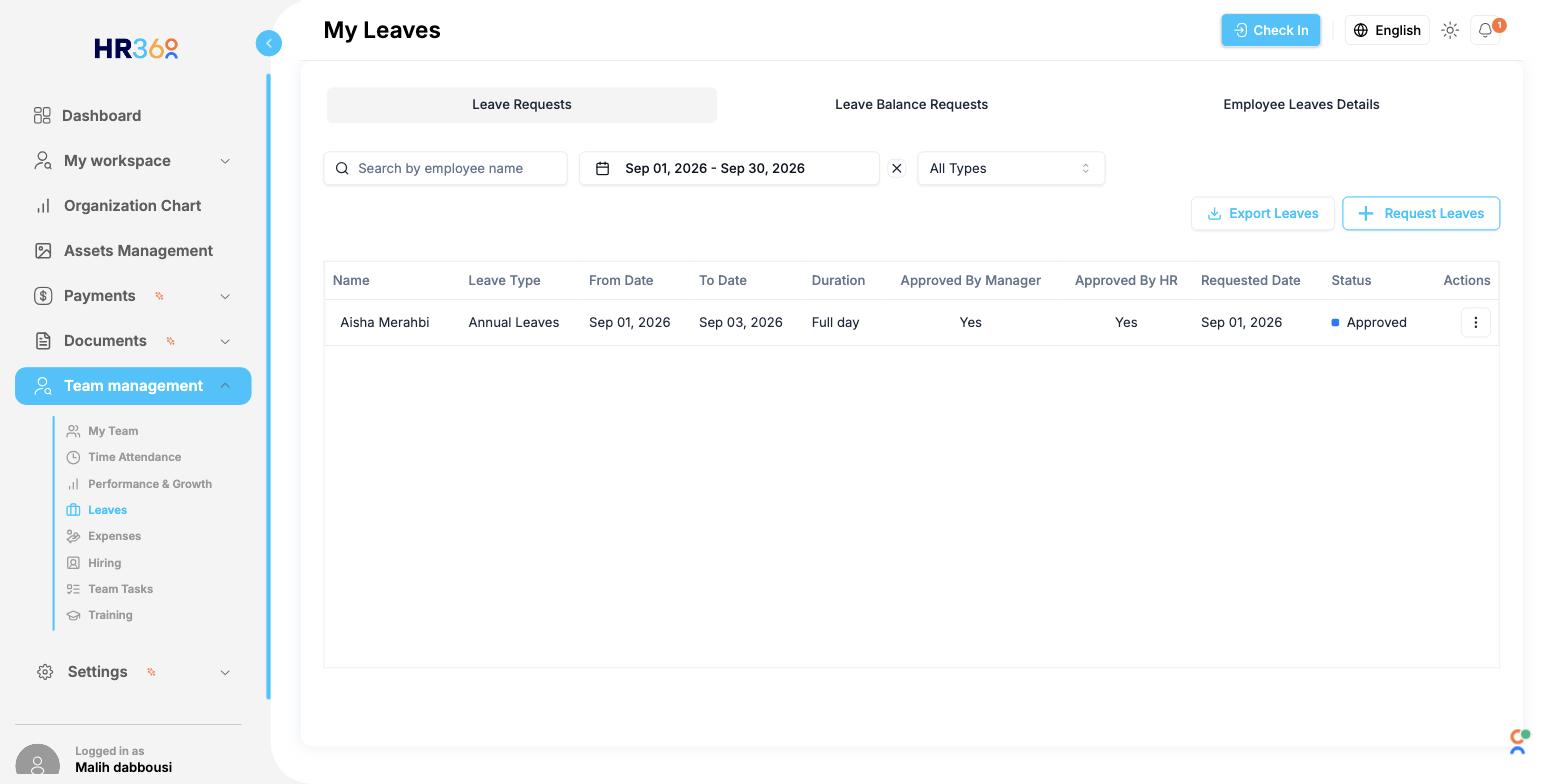 Leave requests list in HR360 showing approval status