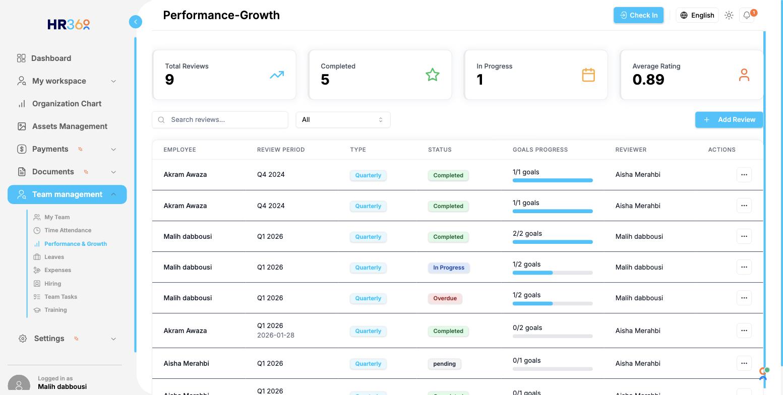 Performance and growth reviews table in HR360