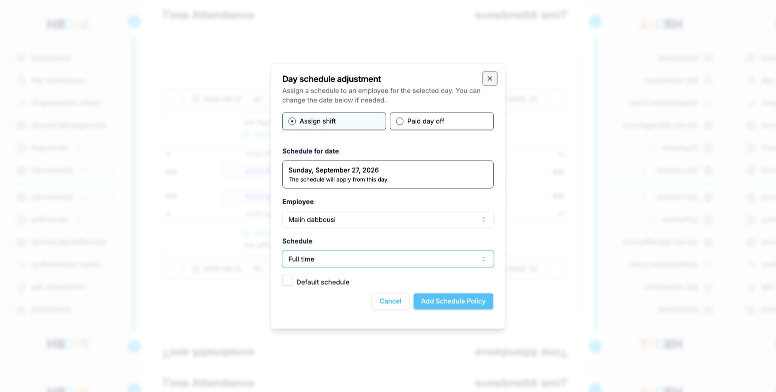 Day schedule adjustment screen in HR360 for assigning a shift