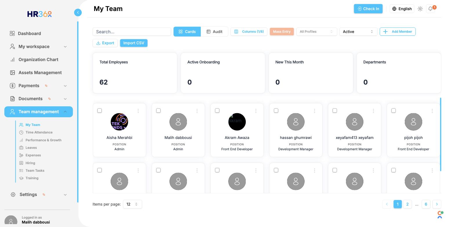 Employee directory grid in HR360 showing team member profiles