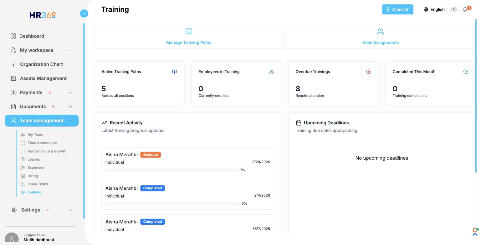 Training dashboard in HR360 showing active training paths and recent activity