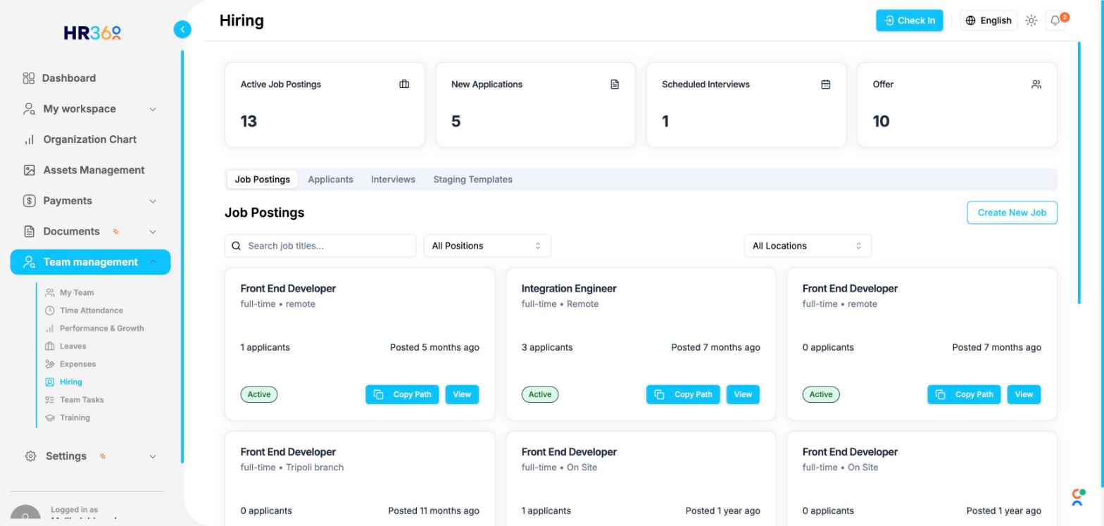 HR360 Hiring dashboard screenshot