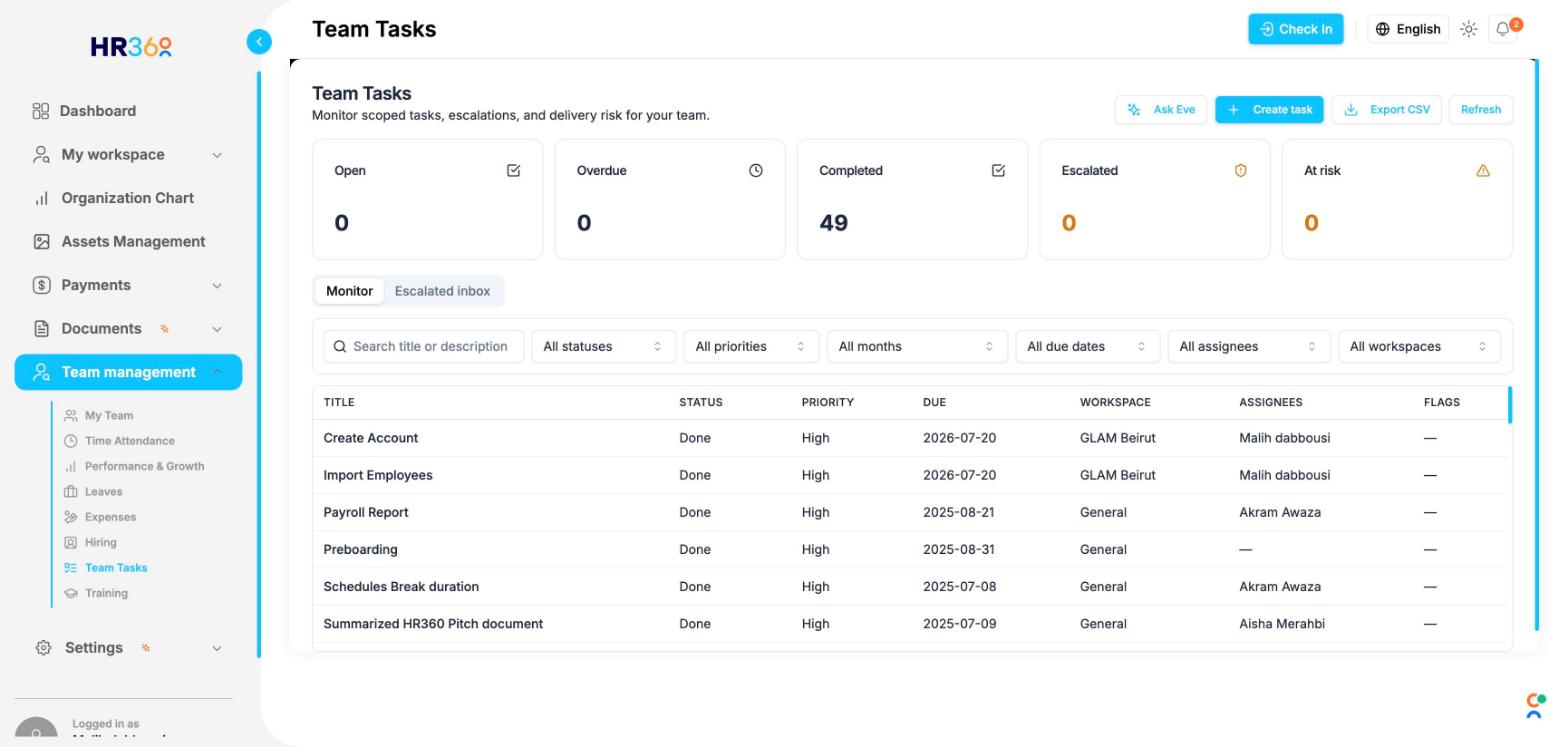 HR360 Team Tasks monitor screenshot
