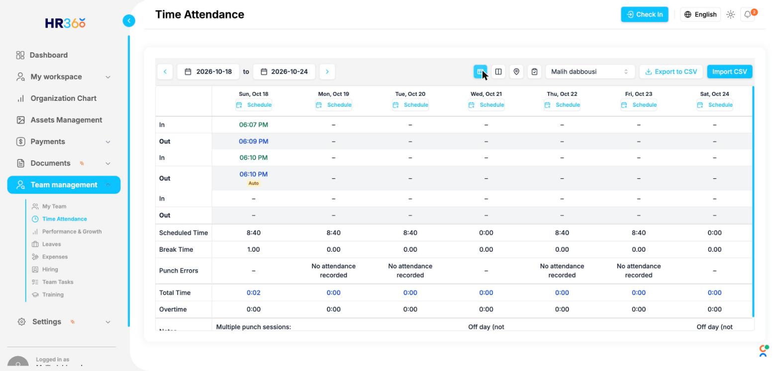 HR360 Attendance dashboard screenshot