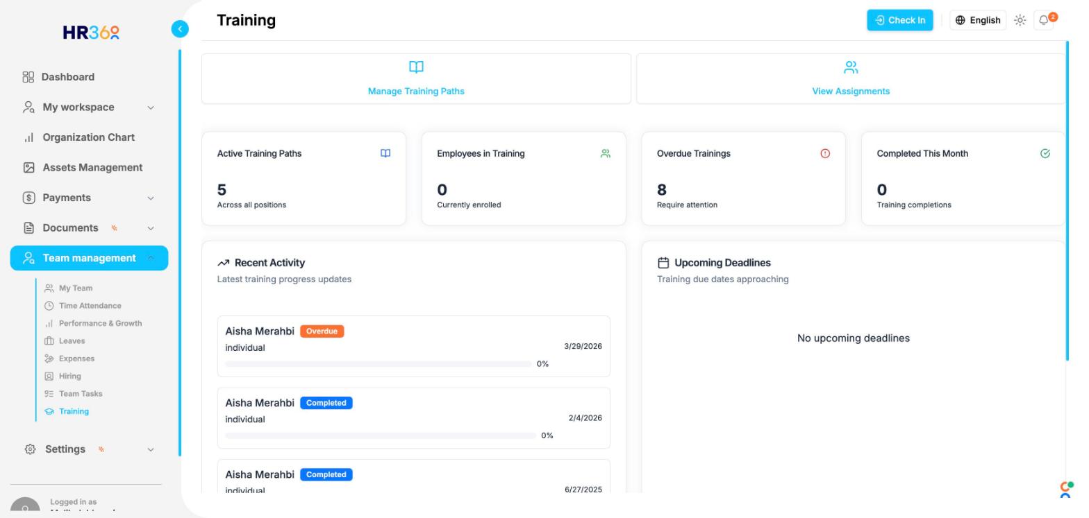HR360 Training dashboard screenshot